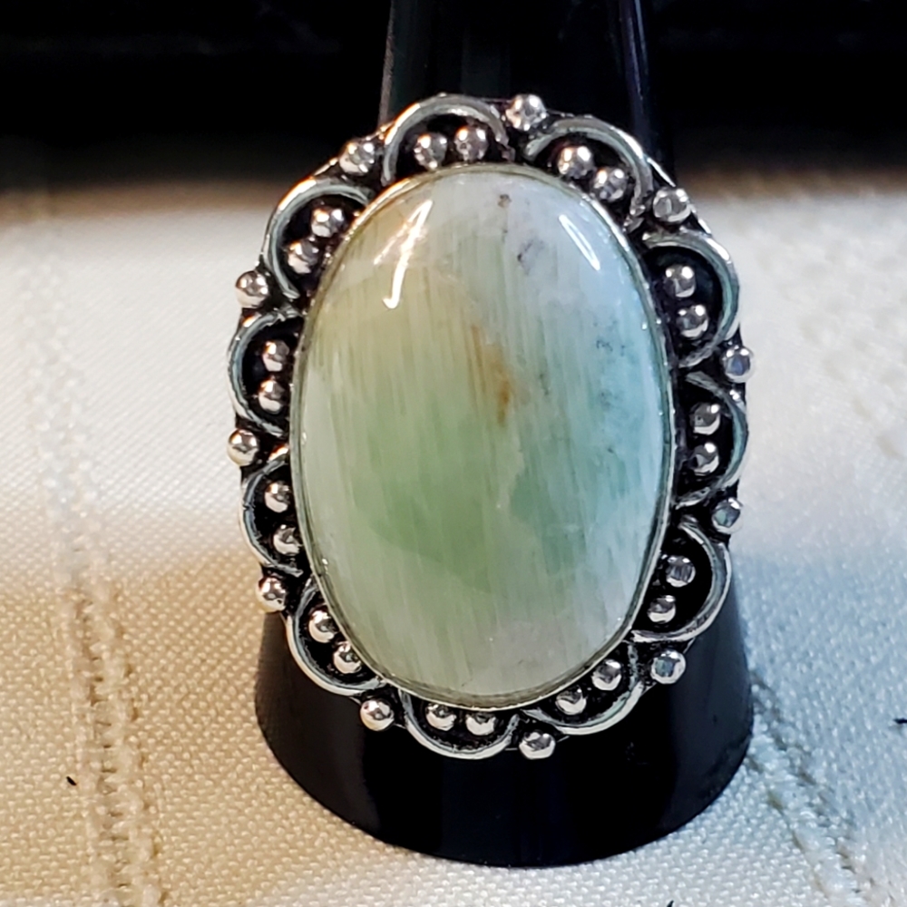 NEW Green Moonstone Garnierite natural stone Ring Size 10.5.  .925 overlay